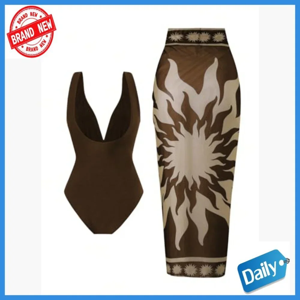 One Piece Swimsuit with Cover Up Wrap Skirt Plunge V Neck Floral Print